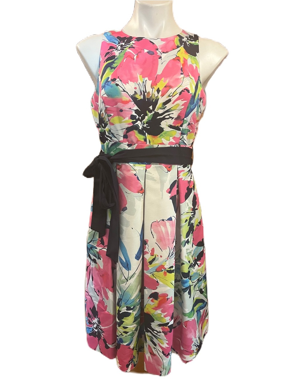 Eliza J white with pink floral print sleeveless dress 6